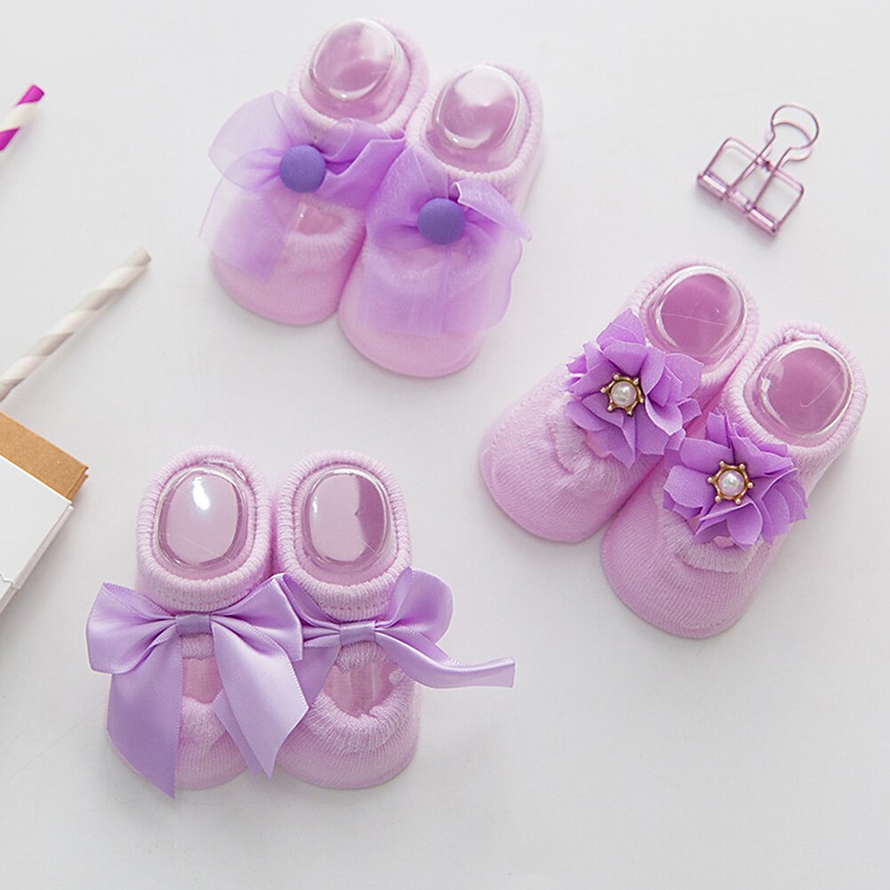 Baby Boat Bow Tie Cotton Socks Hole Girls Slippery Floor Lace Flower