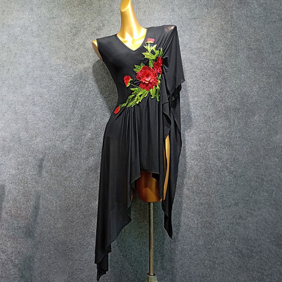 Kobiety taniec latynoski sukienka duże kwiatowe wzornictwo taniec praktyka tkaniny samba tango czacza taniec wydajność W354: czarny / S