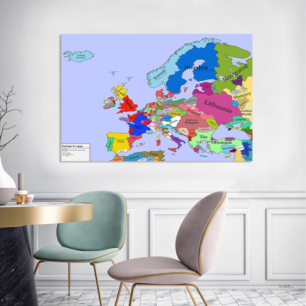 150*100cm Map of The Europe In 1444 Retro Wall Art Poster Non-woven Canvas Painting Home Decoration School Supplies