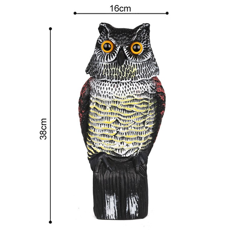 Señuelo de búho para ahuyentar a los pájaros, espantapájaros de plástico con cabeza giratoria y sonido, repelente de aves para jardín y patio al aire libre