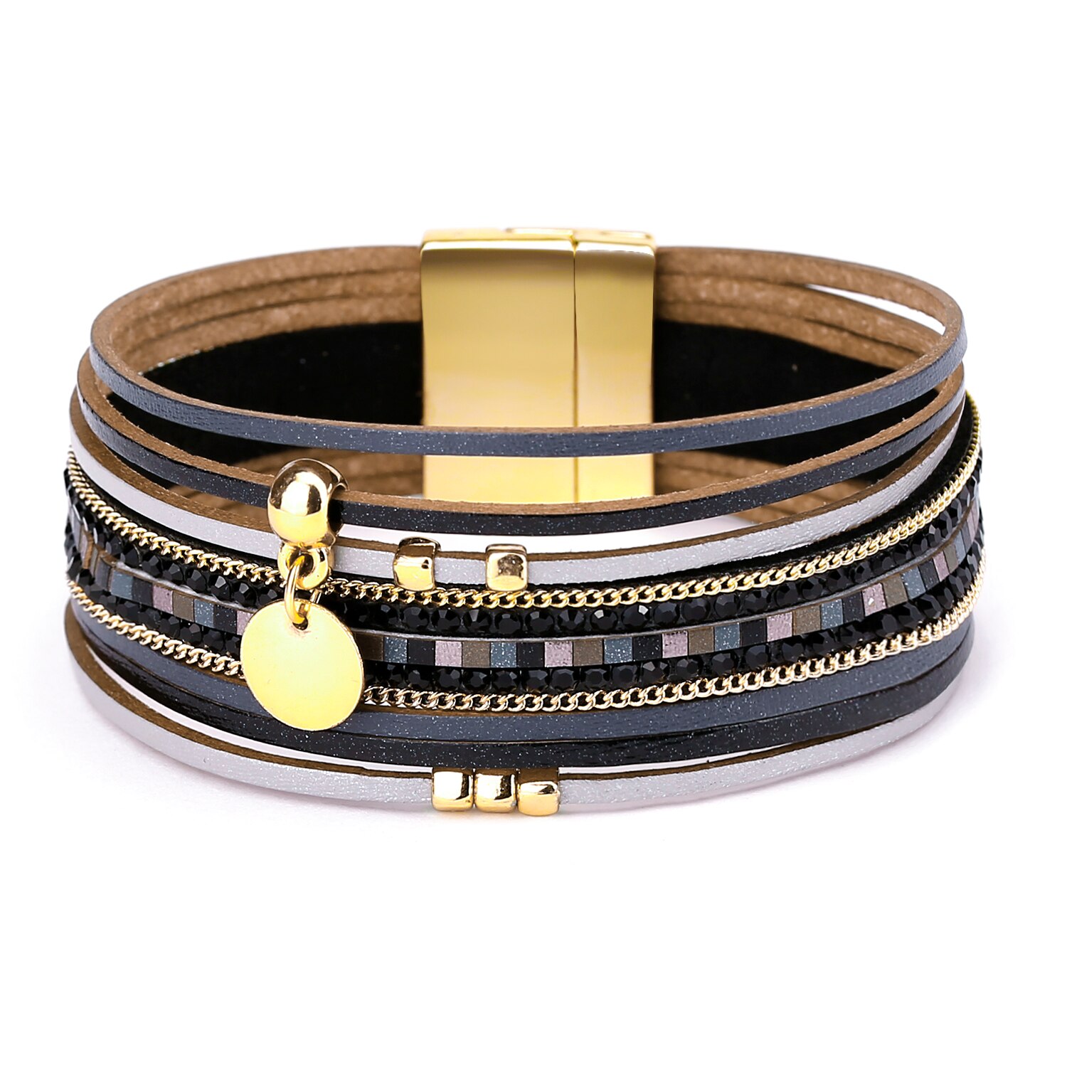 Nouvelle métal disque breloques en cuir Bracelets pour femme mince bandes Boho multicouche large Wrap Bracelet bijoux: 9