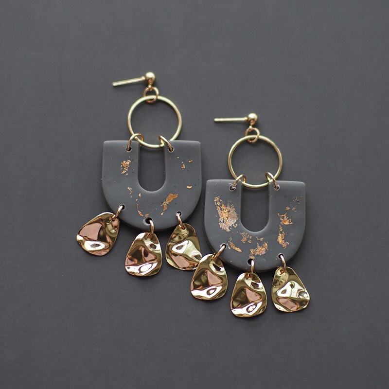 Handmade Gold Foil Abstract Pattern Polymer Clay Earrings Geometric Dangle Pendant Statement Art Earrings