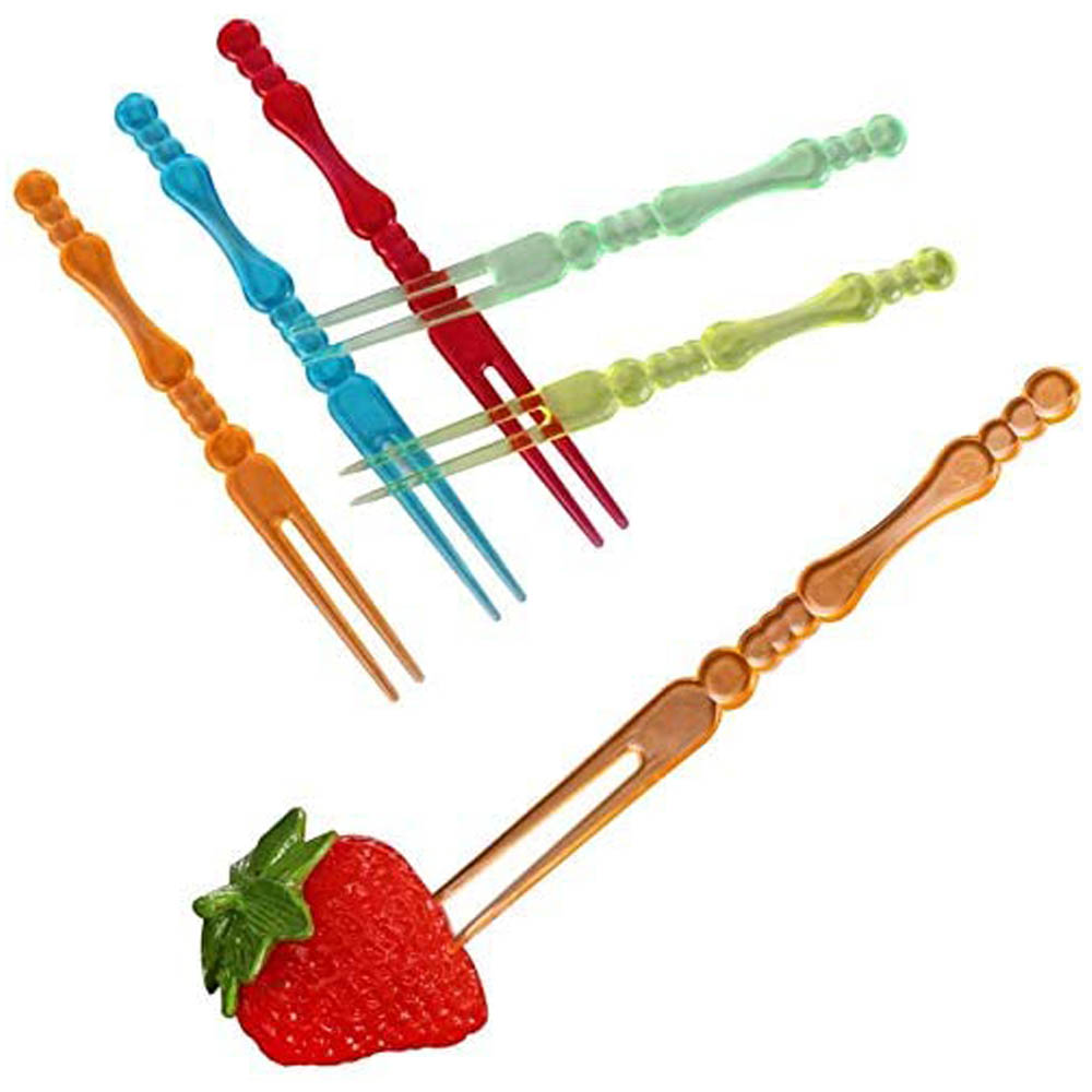 90Pcdisposable Plastic Fruit Vork Slub Kleur Cake Dessert Picknick Transparante Maan Cake Kleine Vork Twee Tand Stok Feestartikelen