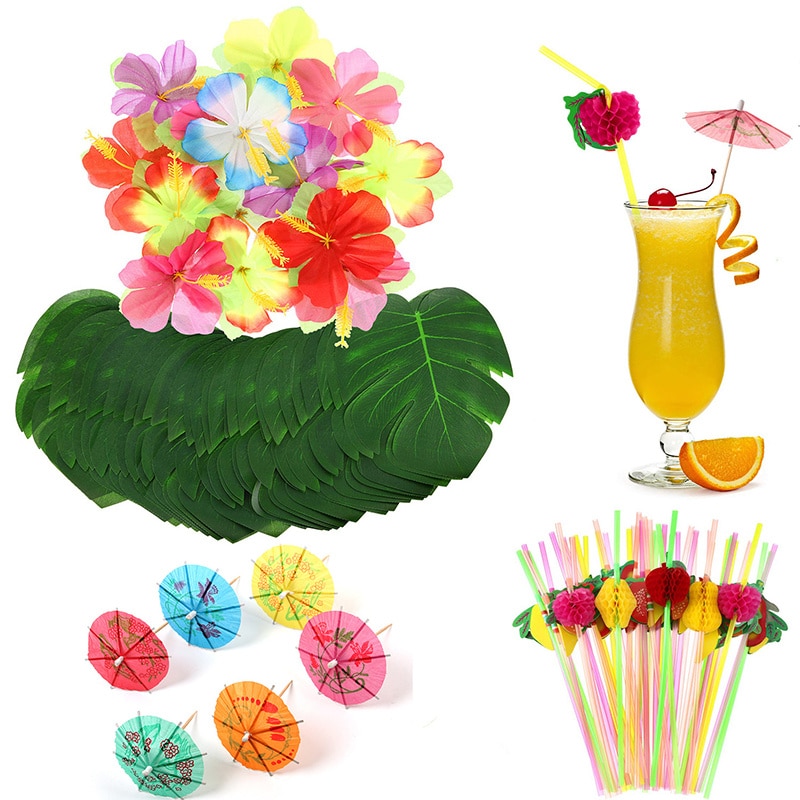 108Pcs Hawaiian Party Benodigdheden Simulatie Plant Turtle Leaf Hibiscus Cocktail Paraplu Stro Bruiloft Tafel Decoratie