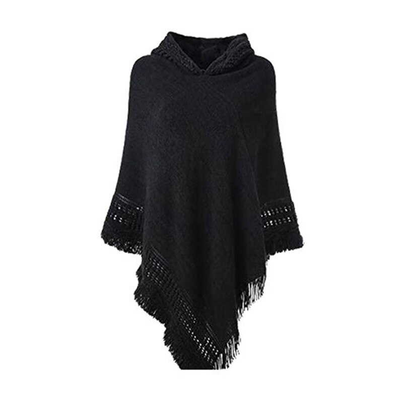 Femmes hiver tricot à capuche Poncho Cape Crochet frangé gland châle Wrap pull M89E: Black