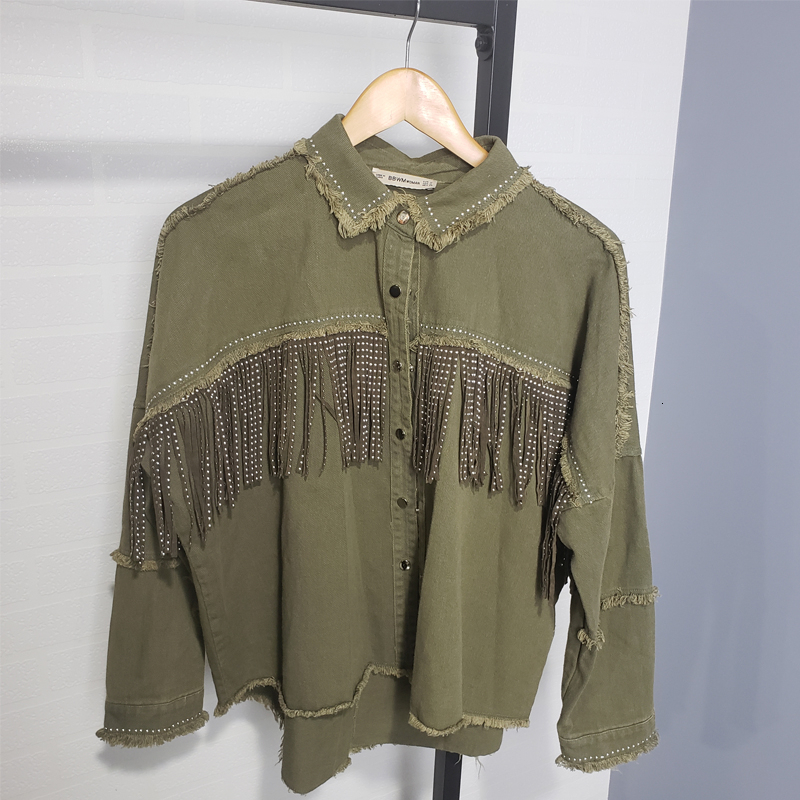Toppies vårtofsar för bröst jeansjacka lös armégrön knappkappa kvinna jeansjacka oregelbunden fåll streetwear: Armégrön / Xs