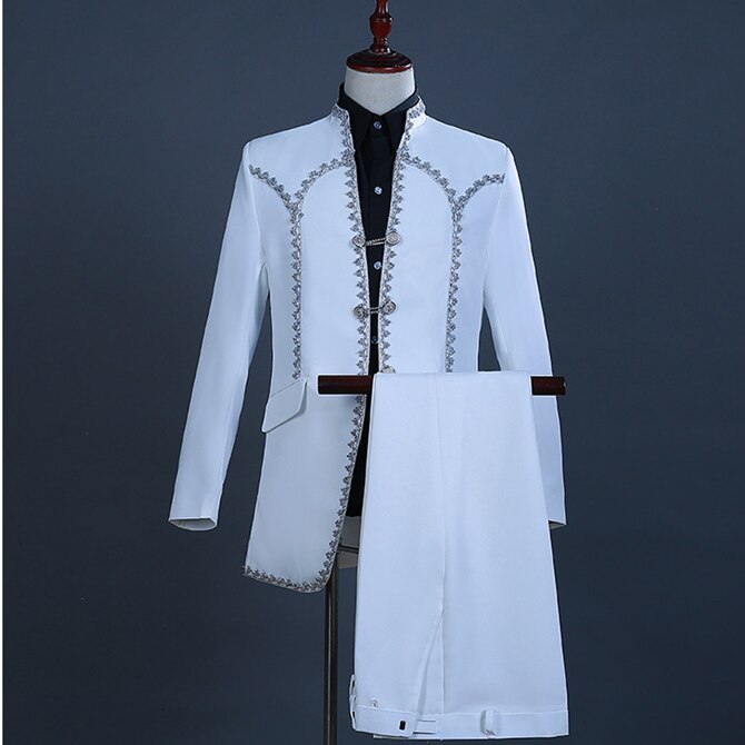 Male Stand Collar Double Breasted Europe Vintage Drama 2 Pieces Dress Suit Brand Slim Fit Prom Weeing Groom Costume Homme White: XXXL