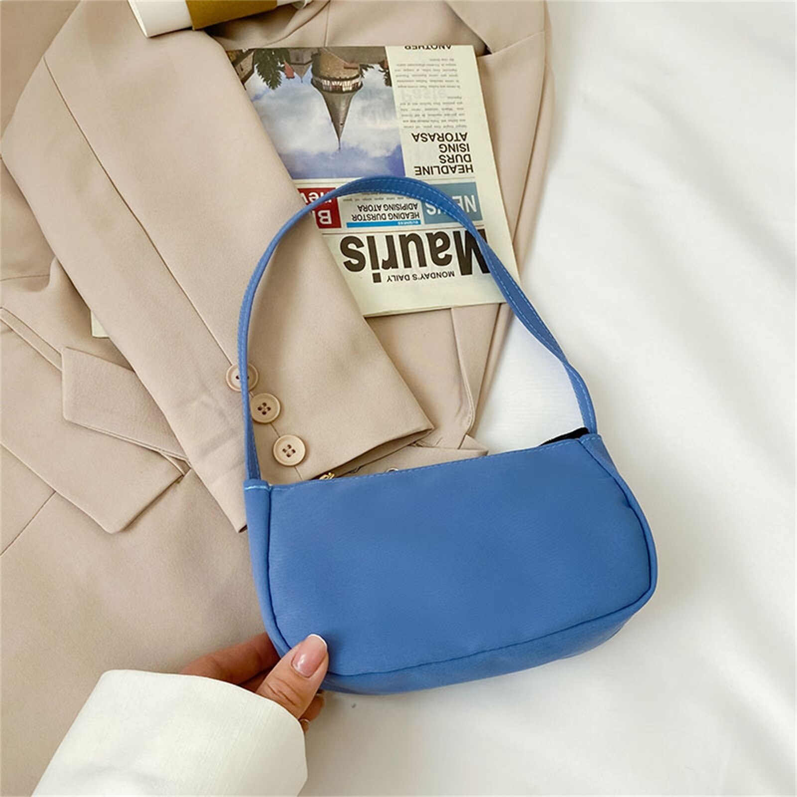 Solid Color Ladies Baguette Handbags Women Nylon Casual Shoulder Underarm Shoulder Bags Portable Travel Clutches#p35: B