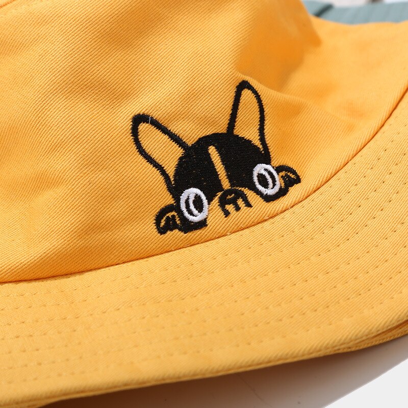 Gorro de pescador salvaje coreano, novedad de primavera-verano para mujer, sombrero de cubo con bordado de perro de dibujos animados, sombrero de Sol para pareja al aire libre