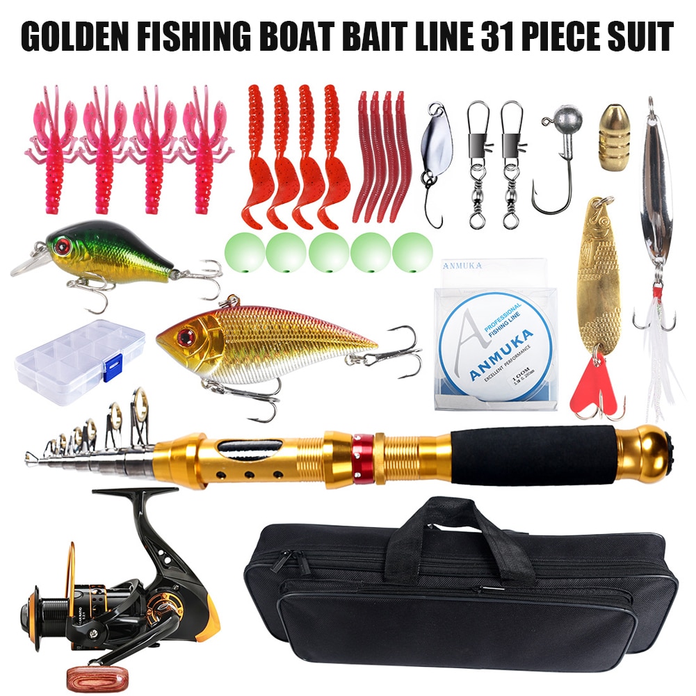 31pcs/Box Tackle Kits Fishing Lures Hooks Full Kit Pole Lead Hook Stop Beads Hard Bait Fishing Reel with Spinning Reel