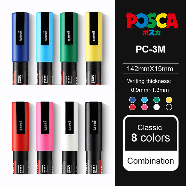 Uni POSCA PC-1M / 3M / 5M Pop Poster Werbung Stift auf wasserbasis Marker Stift Anfänger Malerei färbung Spezielle Marker Kuli-einstellen: PC-3M 8Farben