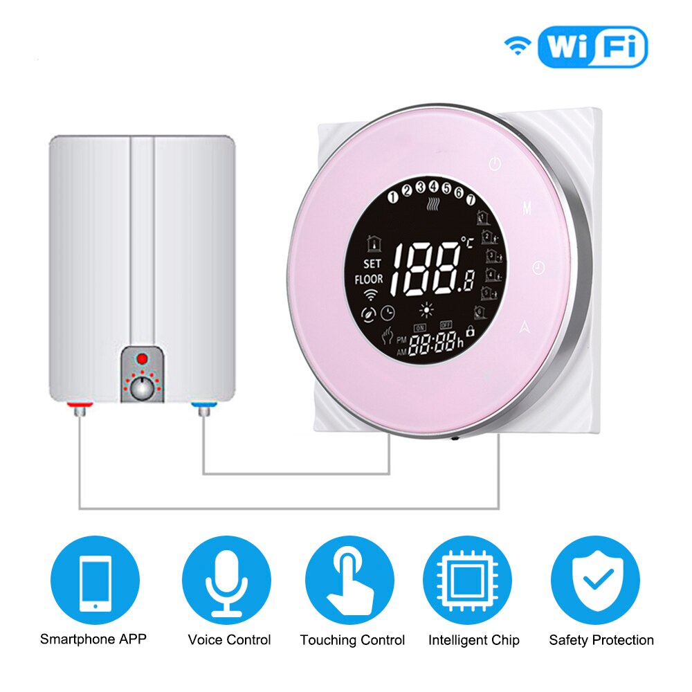 BHT-6000-GCLW Water/Gas Boiler Thermostat Backlight WIFI Weekly Programmable LCD Touch Screen Works with Alexa Google home: GC pink with wifi