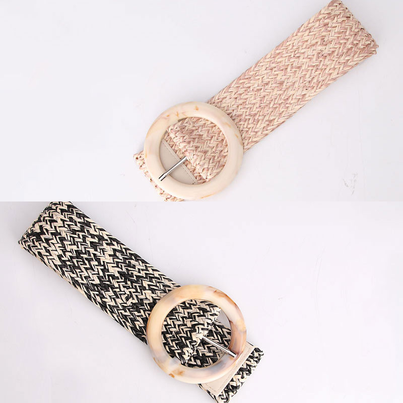 Summer Women Braided Elastic Belt Round Resin Buckle Vintage Bohe Straw Buckle Belt Dress Shirt Dress Belt Female Knitted Belt