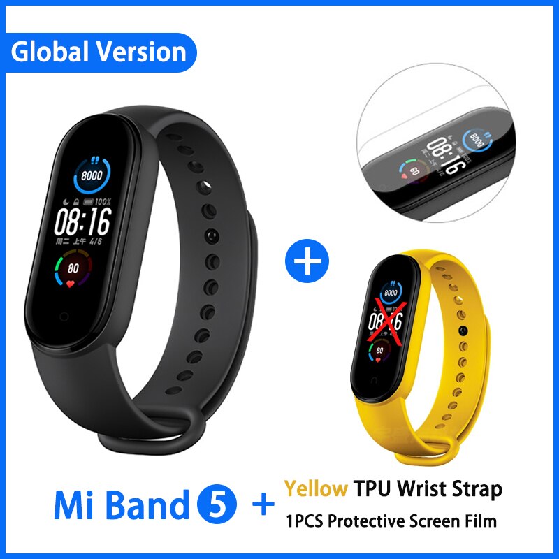 Xiaomi Mi Band 5 Smart Armband 4 Kleur Amoled Screen Miband 5 Smartband Fitness Traker Bluetooth Sport Waterdichte Slimme Band: GN add Yellow film