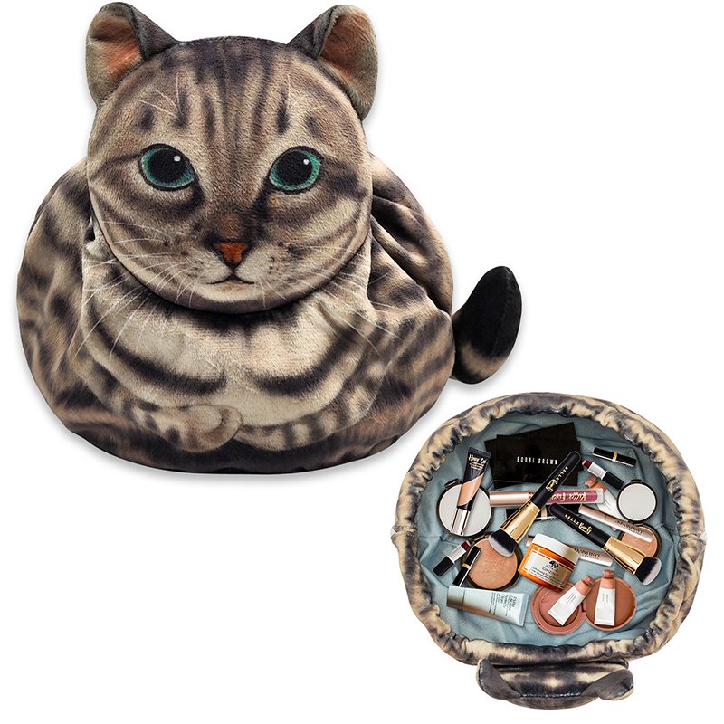 Leuke kat make-up tas trekkoord sluiting 3D kat hoofd platte cosmetische tas cadeau voor vrouwen kattenliefhebbers reisorganisator tas: Bruin
