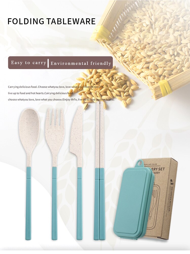 Reizen Bestek Bestek Draagbare Box Japan Stijl Tarwestro Mes Vork Lepel Eetstokjes Student Keuken Servies Set