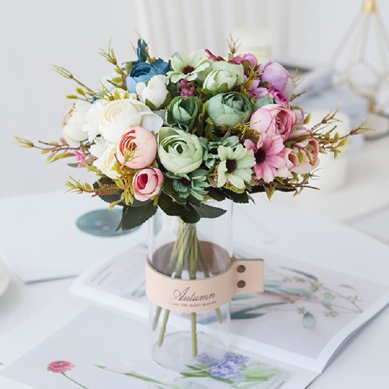 Sztuczne kwiaty róże herbaciane bukiet ślubny wazony robić dekoracji wnętrz akcesoria garnki ślubne dekoracje kwiatowe sztuczne rośliny