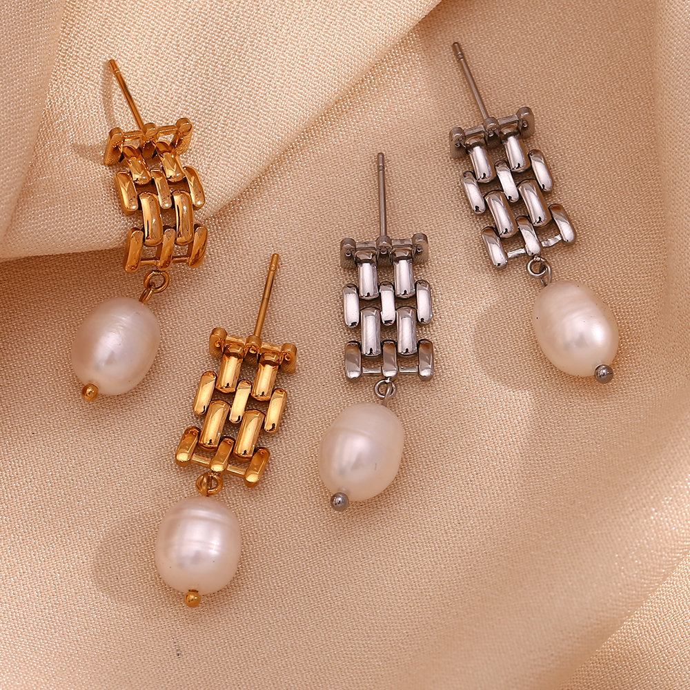 E.B.belle Watch Chain Egg Shape Pearl Pendant Stud Earring Gold Color Stainless Steel Accessories 18K Gold Plated Women