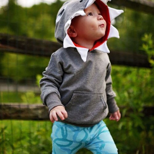 Tops con capucha de tiburón para niños pequeños, sudaderas con capucha, ropa informal de otoño con bolsillo, sudaderas de algodón suave y sólido