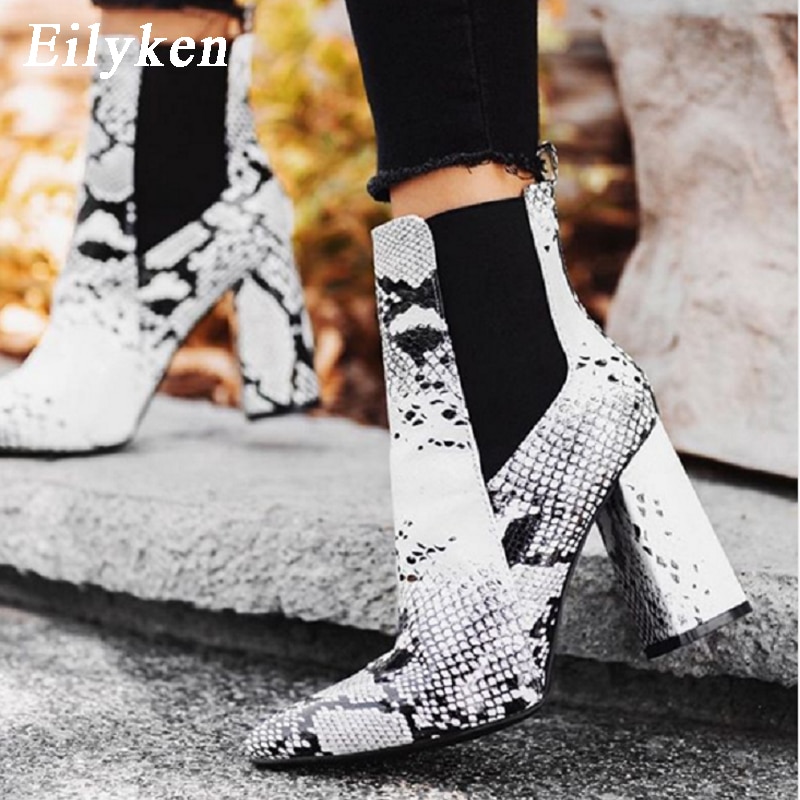 Eilyken Print Snake Pu Vrouwen Enkellaars Zip Puntschoen Schoeisel Dikke Hoge Hakken Vrouwelijke Boot Schoenen Vrouwen Slangenhuid bootie
