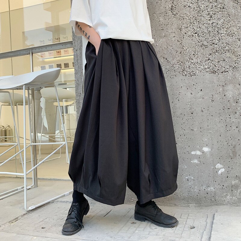 Calças de samurai japonês masculino solto ajuste pantskirt perna larga calças de cintura elástica preto
