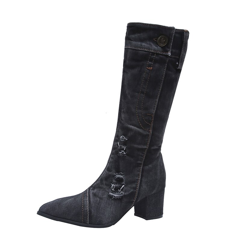 Sexede jeansstøvler dame ankelrør kvinder kort støvle vinter mellemhæl denimstøvle dame stilfulde jeansstøvler lynlåssko cowboy: Sort / 40