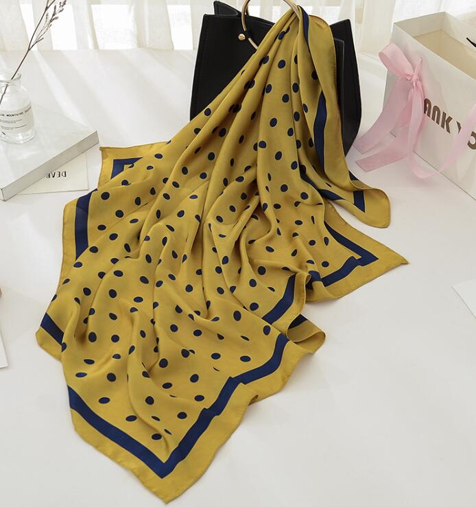 Mode Blauwe Stippen Vrouwen Sjaal Grote Zijde Gevoel Sjaal Sjaal Foulard Print Vierkante Kop Sjaals Wraps: SIZE 90CM YELLOW