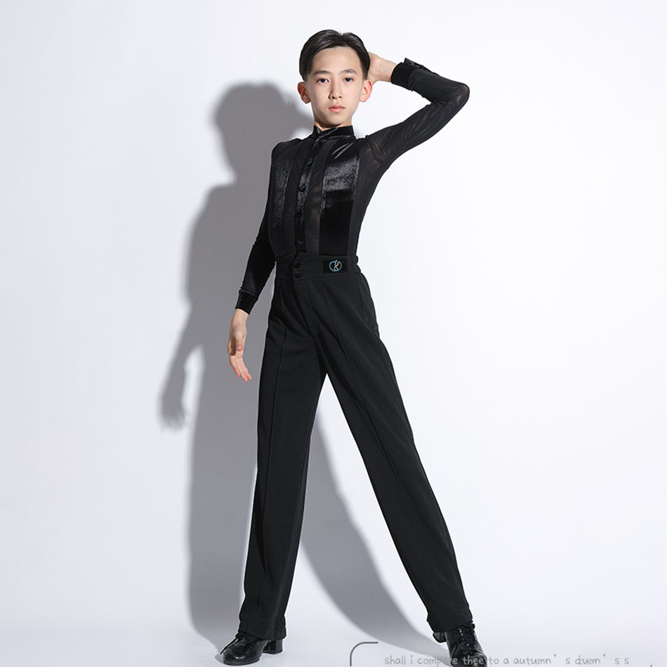 Kids Boys Latin Dance Shirt Button T Shirts Child Autumn Winter Long Sleeves Bodysuit Jazz Rumba Dancewear G7056