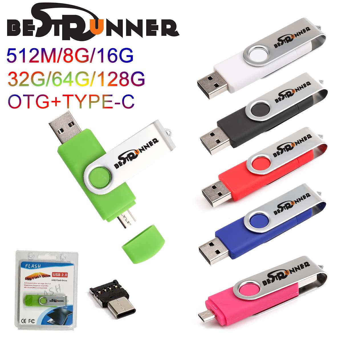 USB 2.0 Type-c Adapter OTG Flash Drive 512 M/8G/16G/32G /64G/128G USB Flash Memory Stick U Disk Opvouwbare Sleutel Hanger