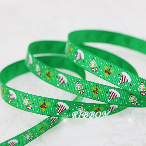 10mm kerstletter bedrukte grosgrain linten 2 meter/lots kerst verjaardag feest inpakpapier snoepdoos verpakking linten: Groene kerstmuts
