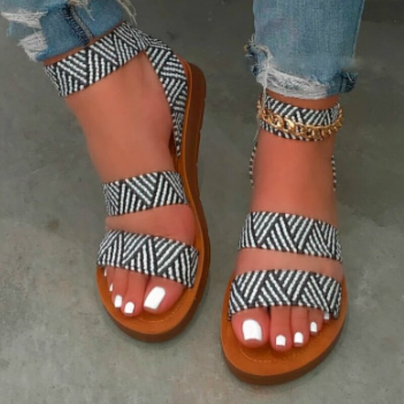 Platte Sandalen Voor Vrouwen Cross Tie Enkelbandje Gestreepte Leapard Elastische Band Casual Outdoor Beach Party Vrouwelijke Dames Schoenen: Black / 6.5