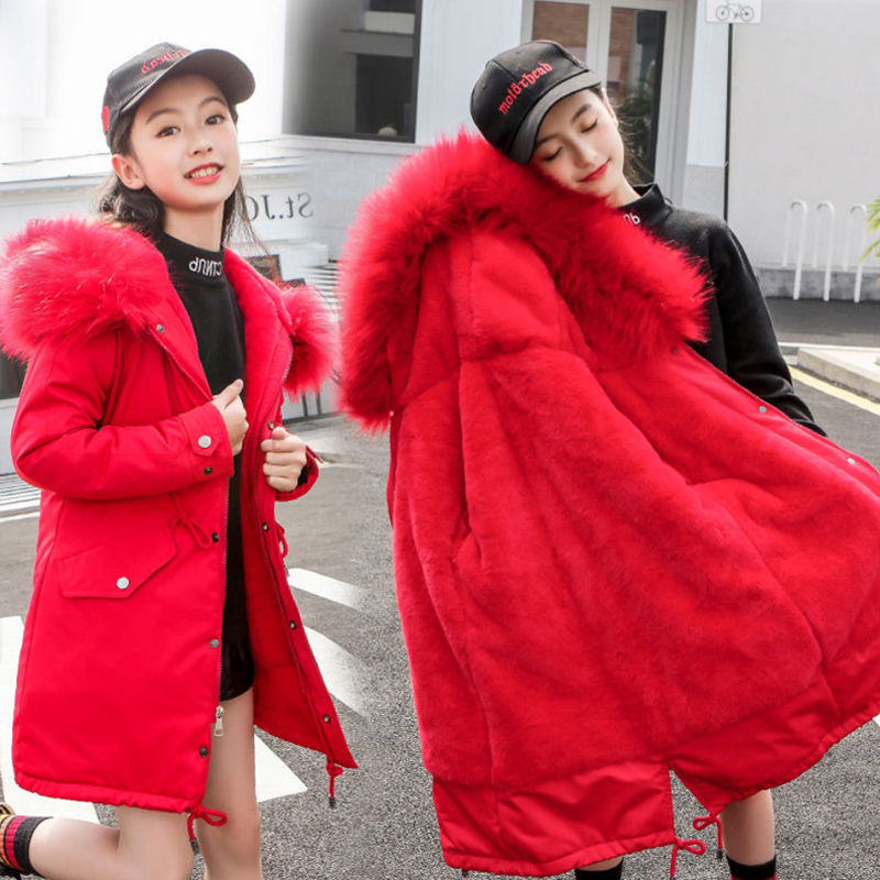 Sifafos Meisjes Parka Jassen Winter Stijl Plus Fluwelen Dubbele Gewatteerde Jas Verdikking Warme Tieners Kinderen Kleding: red / 10(140)