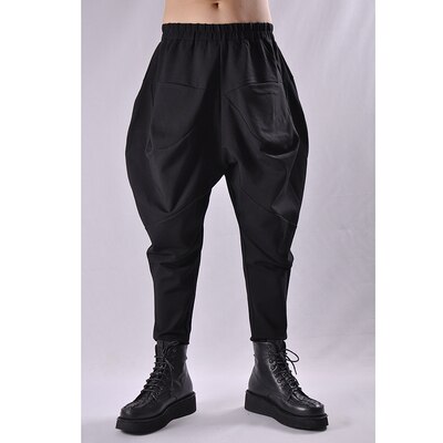 Dark Autumn and winter men small feet Harem loose elastic casual pants personality drum hips low crotch Jodhpurs