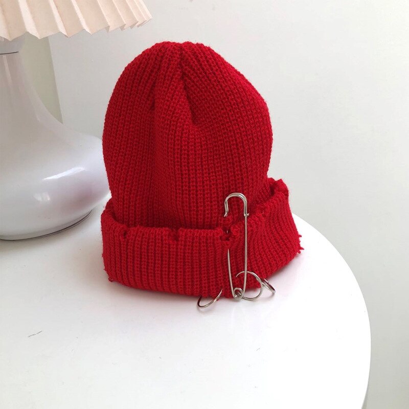 Hole Knitted Hat Doudou Guapi Hat Needle Circle Decoration Personality Hole Hat Solid Color Hip Hop Couple Hat: Red