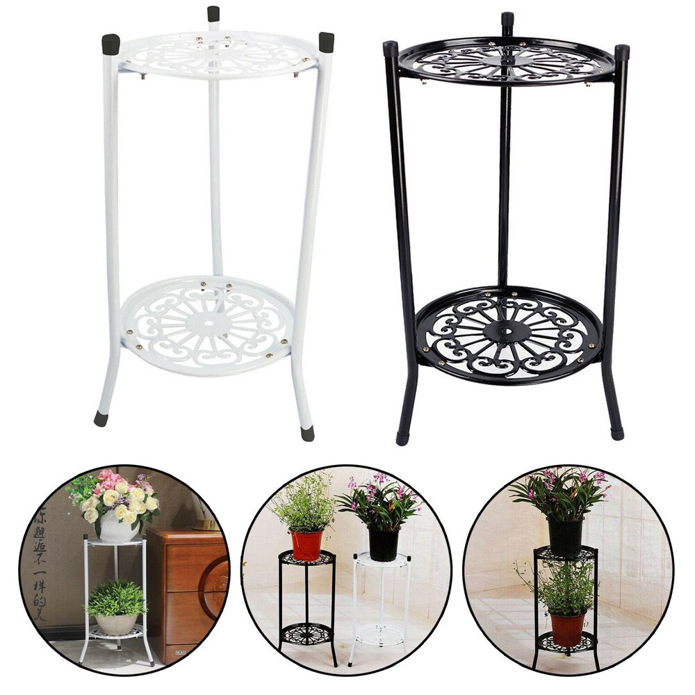 Soporte para maceta, accesorio negro/blanco de 2 niveles, exhibición , jardín, maceta para flores de balcón, estante de soporte, decoración de interior para el hogar