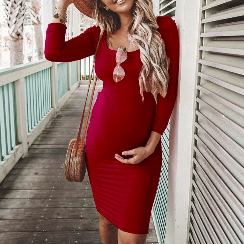 2020 nowa, jesienna zima Bodycon kobiety w ciąży stałe ubrania ciążowe z długim rękawem sukienki ciążowe Mama odzież Ropa De Mujer