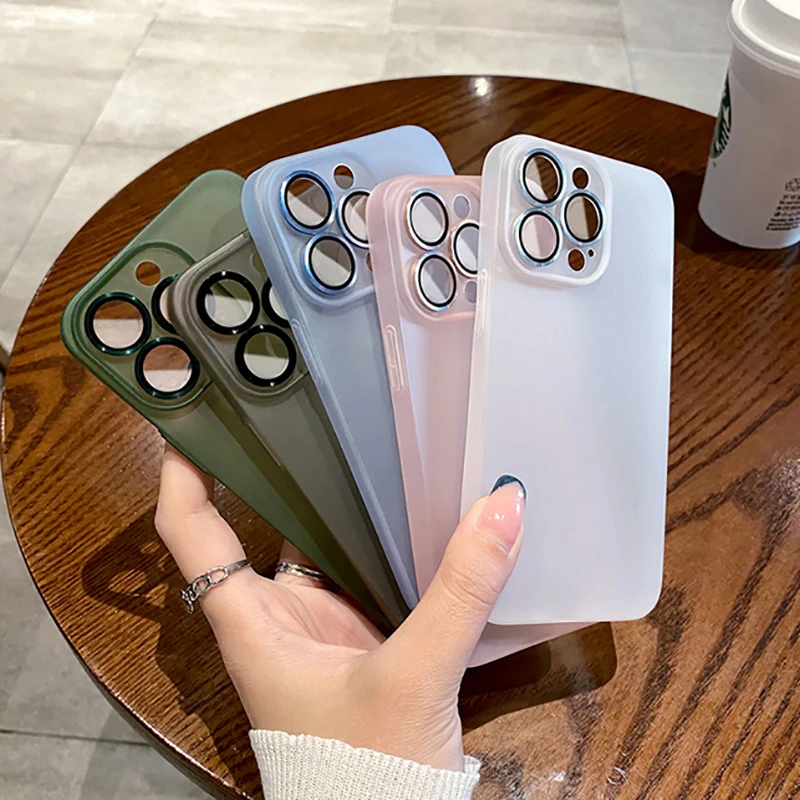Funda translúcida mate ultrafina para iPhone 15 14 13 12 11 Pro Max, Protector de cámara de vidrio de Metal, anillo duro