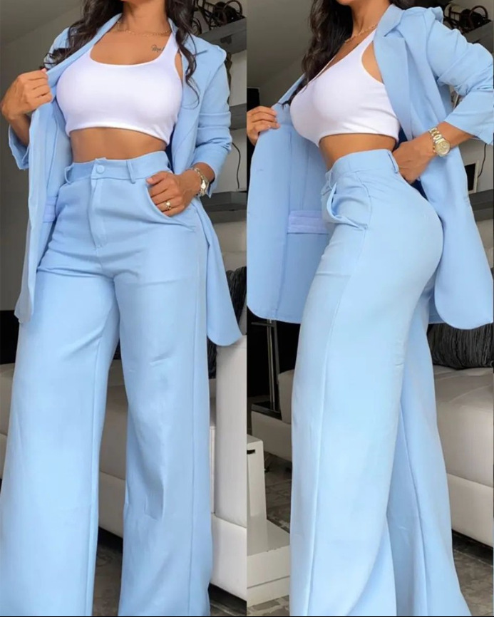 Jakkesæt dame 2- delte sæt outfits tøj afslappet bukser slidsede ærmer revers jakkesæt blazere lomme lige bukser jakkesæt: Xxl / Blå