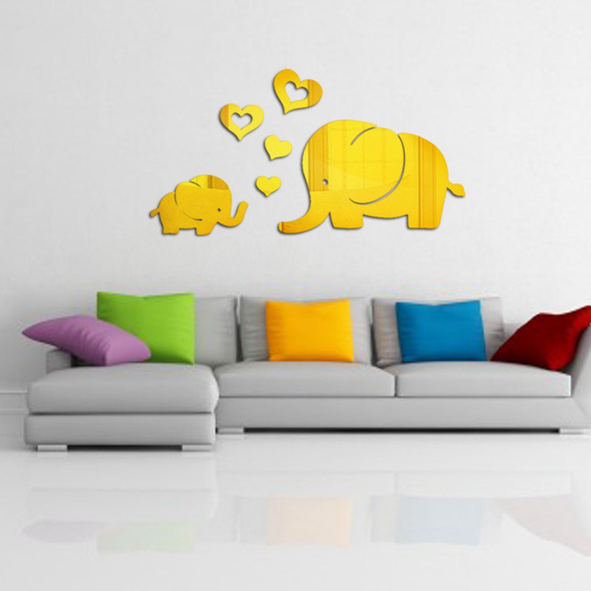 12 tommer elefant familie spejl klistermærke, tegneserie dekoration klistermærke til børneværelse, væg spejl, kærlig boligindretning, dekorativt spejl: Guld