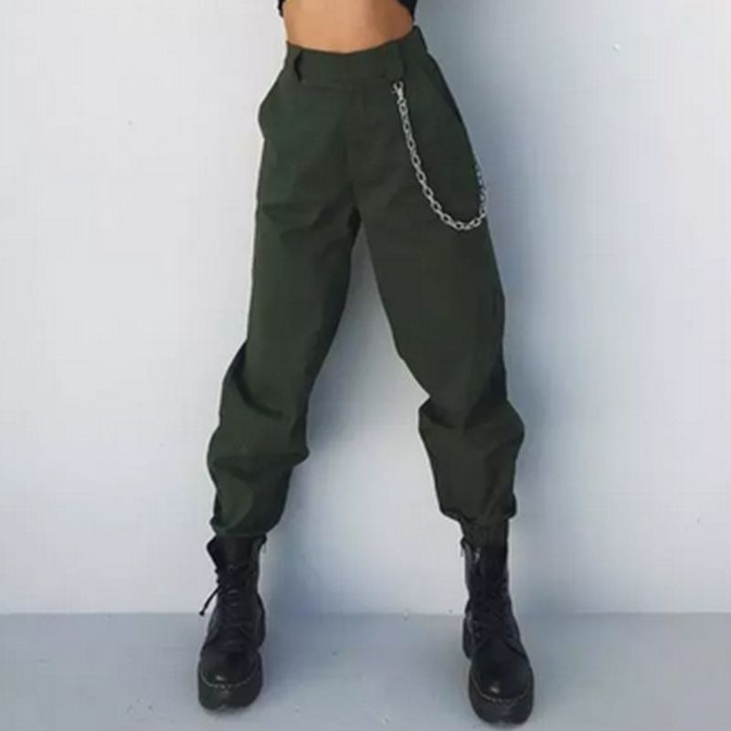 Brand Women's Patchwork Cargo Trousers Pants Solid Punk Sporty Style Loose Long Sports Baseball Pants With Chain: XL / Green