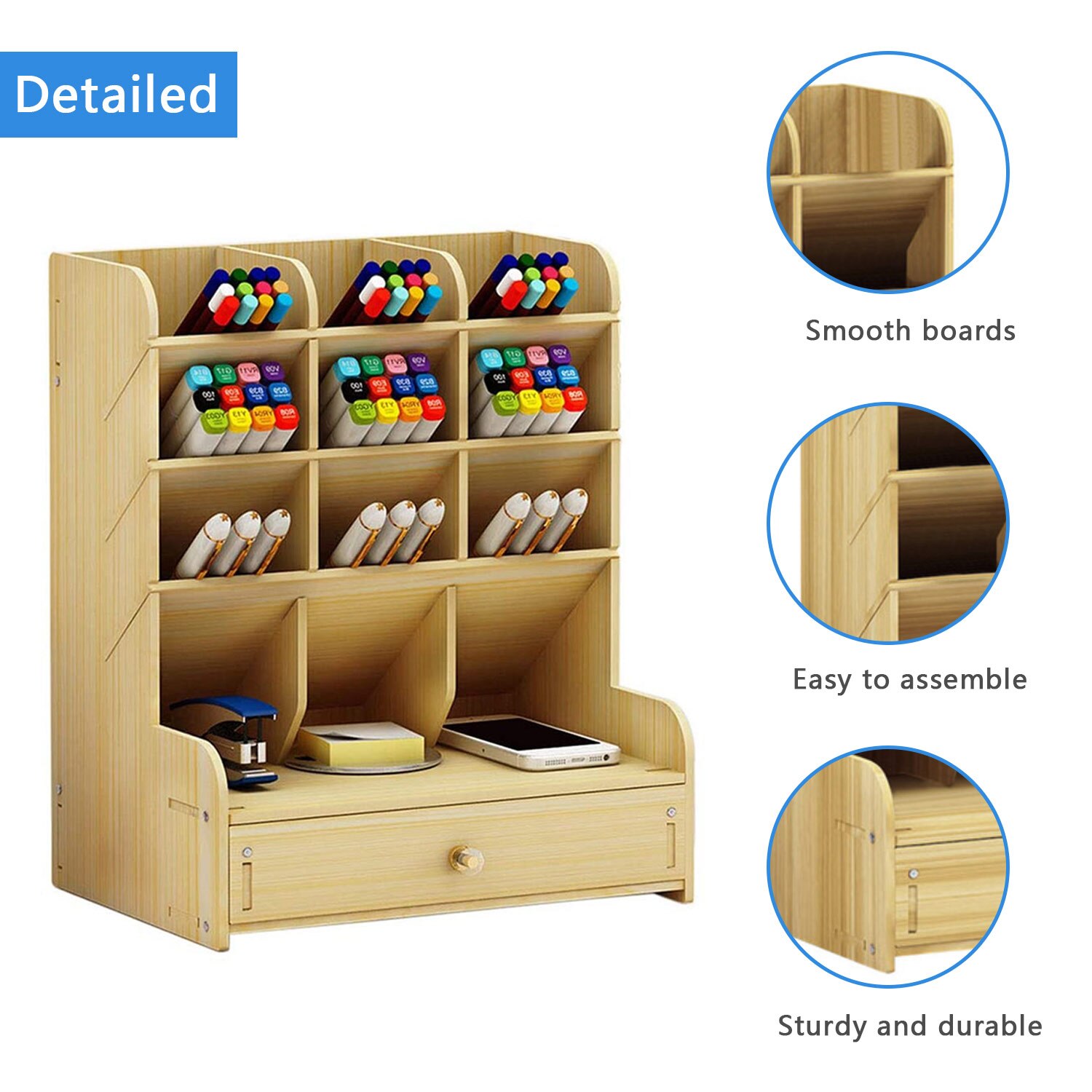 Organizador de Mesa de madeira DIY Caixa Rack de Armazenamento com Gaveta de Lápis Caneta Titular bloco de Notas para o Escritório Da Escola Para Casa e Jardim