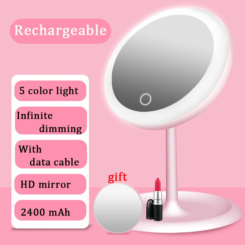Espelho de maquiagem de mesa com luz led espelho de bolso cosmético retroiluminado espelho do banheiro 5 xluping controle toque inteligente carga usb: Rechargeable 5 color
