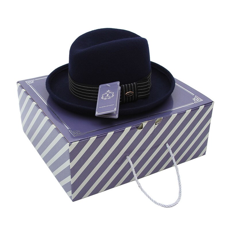 GEMVIE-chapeau Homburg Fedoras pour hommes et femmes, chapeau Gentleman, Style européen rétro, à bord incurvé, couleur unie, en feutre 100% laine: Navy Blue