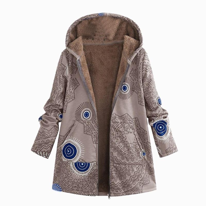 Womens Casual Winter Coat jacket Warm velvet Outwear Floral Print Hooded Pockets Zipper Print Ethnic Style Outwear: Grey / M