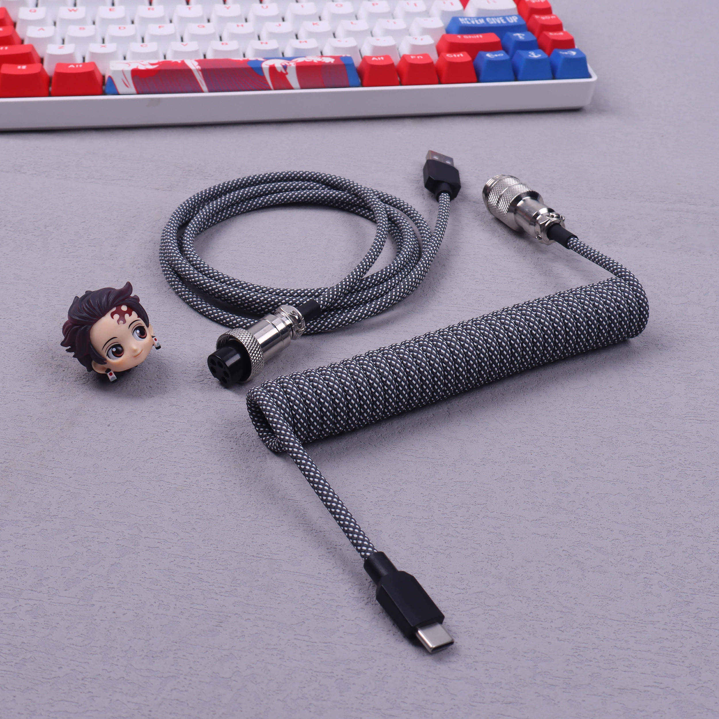 Lano 8 farvevalg macaron spiralkabel type-c til usb mekanisk tastatur data spiralkabel ledning med  gx16 luftfart: Grå