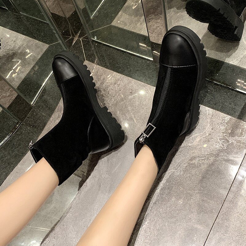 Botas negras de tacón cuadrado para mujer, zapatos cálidos de felpa con cremallera, para invierno,