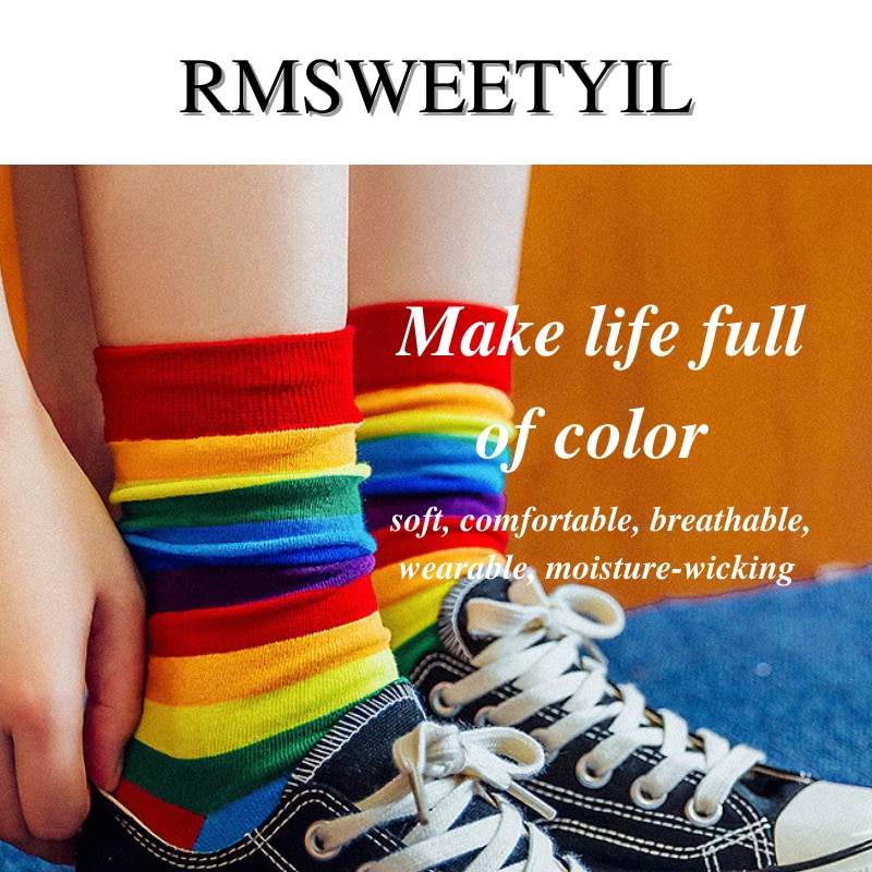 RMSWEETYIL Colorful Striped Rainbow Socks Womens Pride Neon Crazy Novelty Fun Cotton Ladies Girls Funny Casual Dress Crew Sock