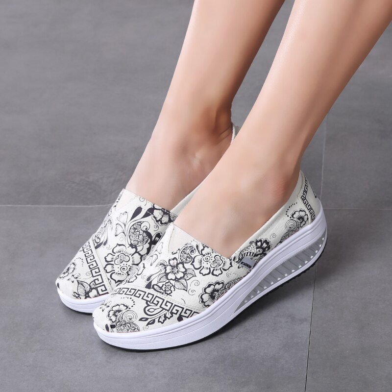 Minika Women Girls Canvas Platform Shoes Printing Slip On Swing Shoes Fitness Height Increasing Toning Walking Shoes