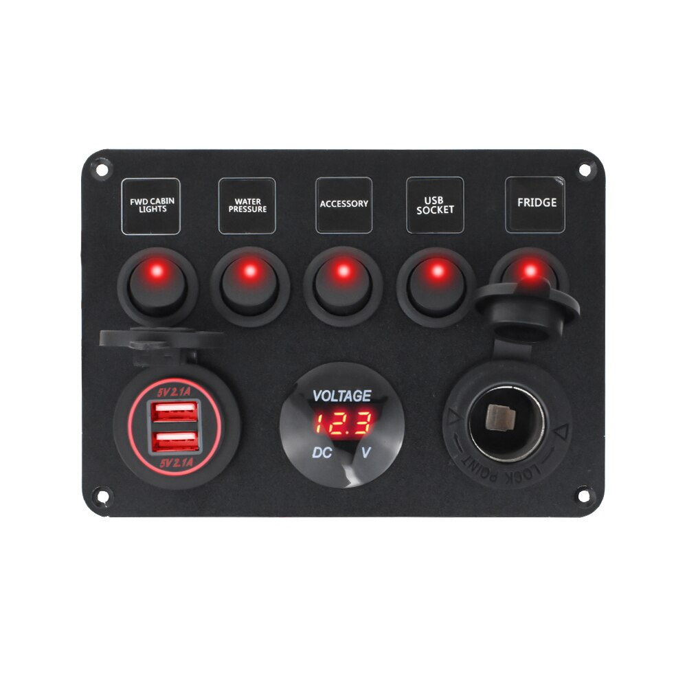 Boat Switch Panel Car Switch Panel Waterproof Digital Dual USB Voltmeter Port 12V Outlet Combination Marine LED Rocker 5 Gang: Red