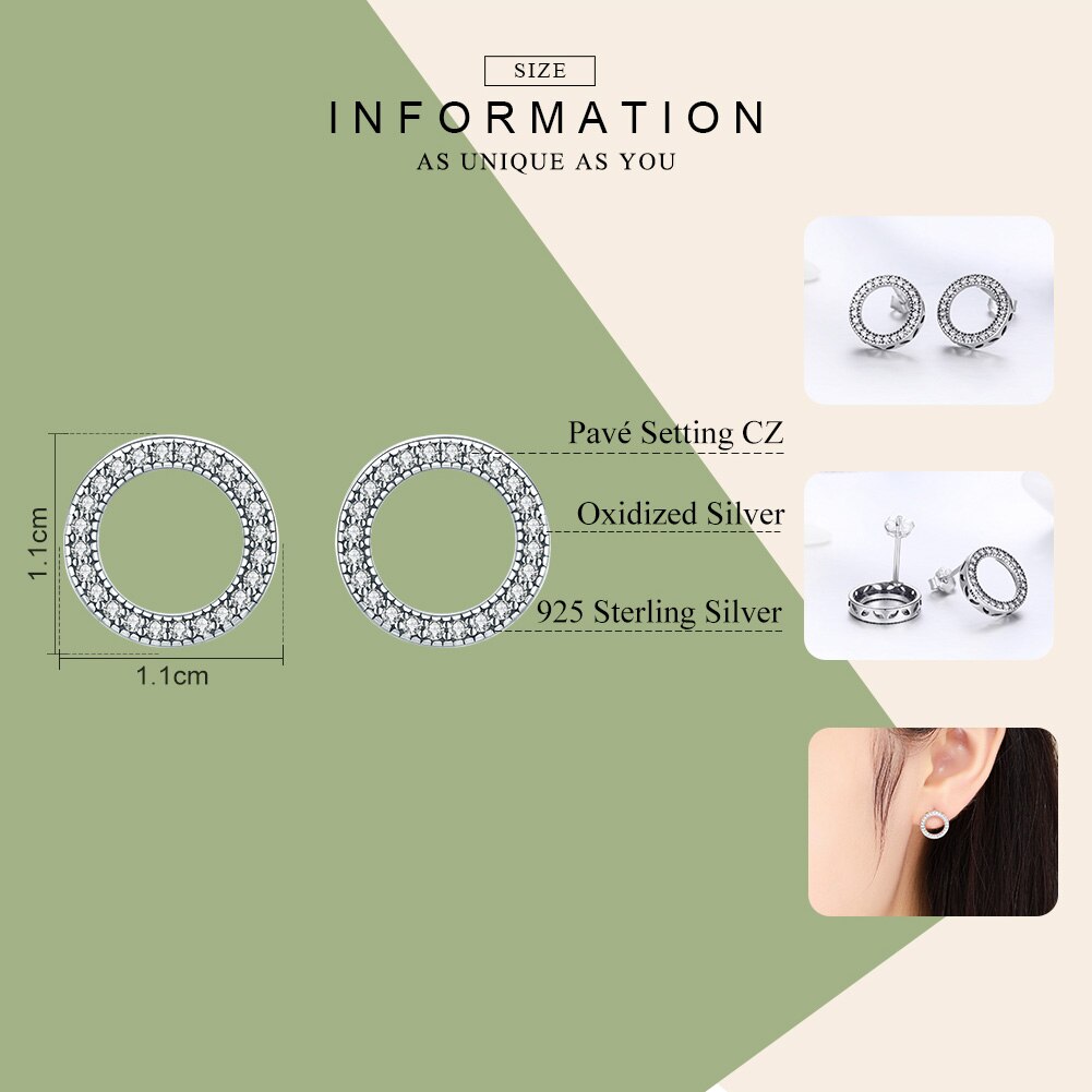 WOSTU 925 Sterling Silver Glitter CZ Round Circle Stud Earring for Women Simple Wedding Engagement Earring Jewelry DXE417